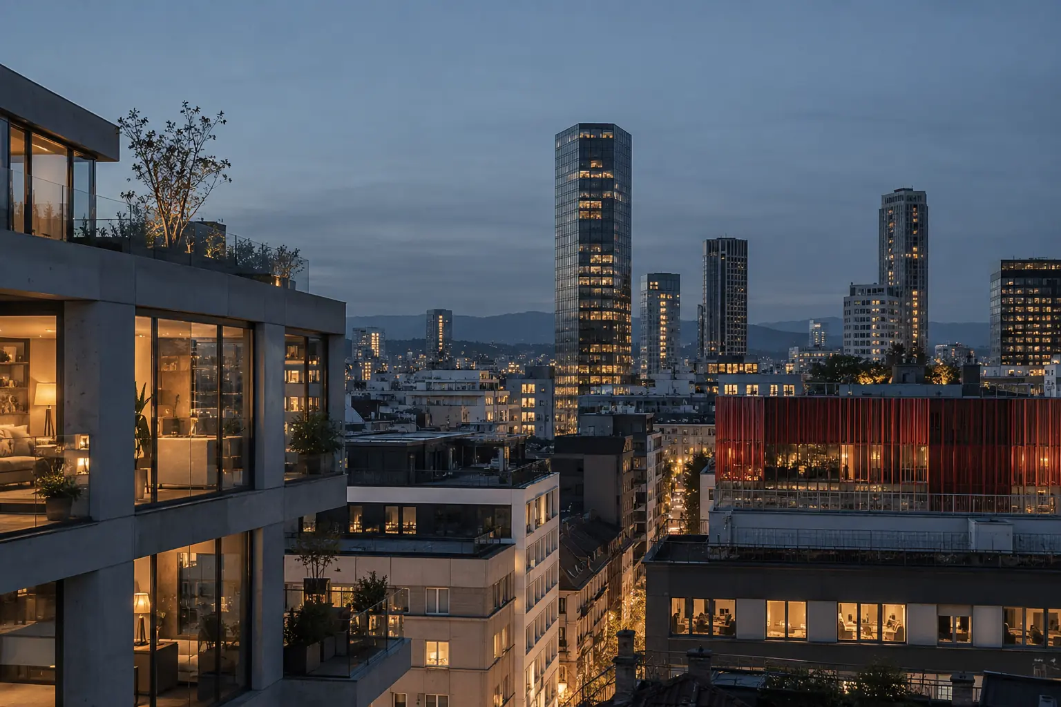 An imagined city at dusk with illuminated windows and a red facade