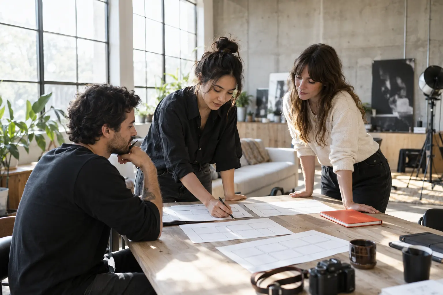 Three fictional media producers review storyboards in a daylight studio