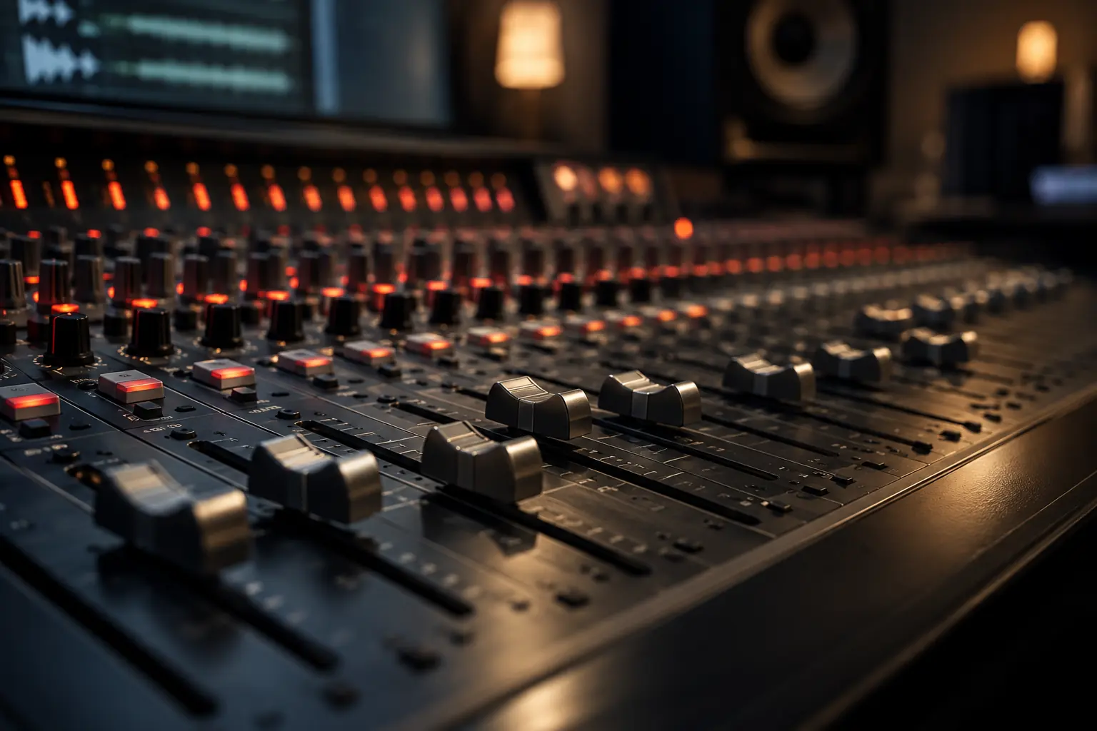 An audio mixing console with faders and warm indicator lights