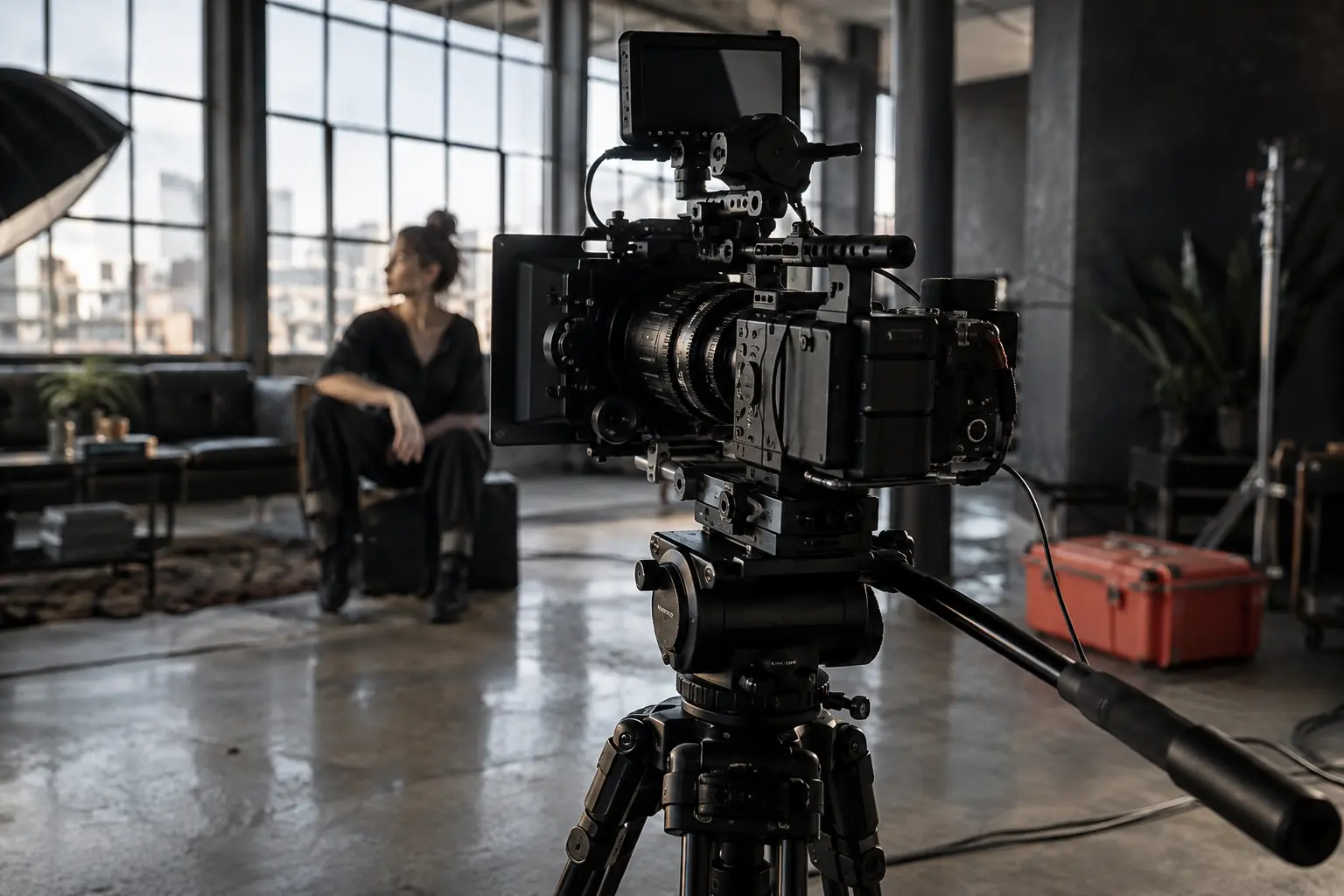 A cinema camera in a production studio with a creator in the background